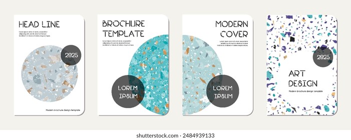 Note book cover design. Terrazzo abstract background made of natural stones, granite, quartz and marble. Venetian terrazzo texture note book template.