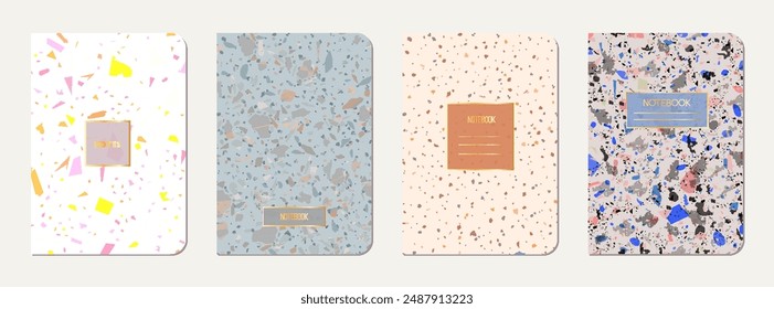 Note book cover design. Terrazzo abstract background made of natural stones, granite, quartz and marble. Venetian terrazzo texture note book template.