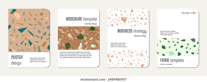 Note book cover design. Terrazzo abstract background made of natural stones, granite, quartz and marble. Venetian terrazzo texture note book template.