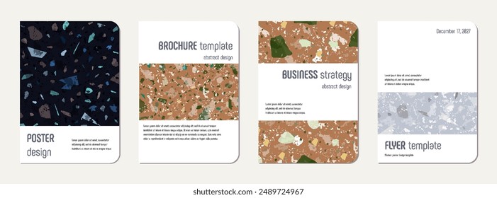 Note book cover design. Terrazzo abstract background made of natural stones, granite, quartz and marble. Venetian terrazzo texture note book template.