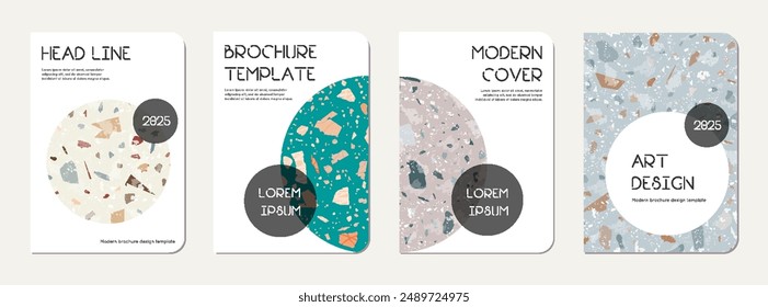 Note book cover design. Terrazzo abstract background made of natural stones, granite, quartz and marble. Venetian terrazzo texture note book template.