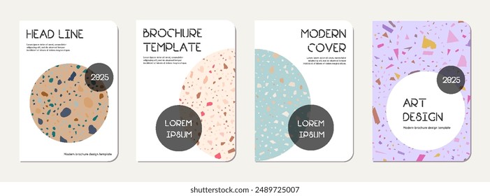 Note book cover design. Terrazzo abstract background made of natural stones, granite, quartz and marble. Venetian terrazzo texture note book template.