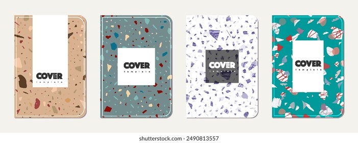 Note book cover design. Terrazzo abstract background made of natural stones, granite, quartz and marble. Venetian terrazzo texture note book template.