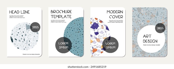Note book cover design. Terrazzo abstract background made of natural stones, granite, quartz and marble. Venetian terrazzo texture note book template.