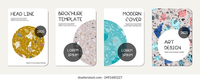 Note book cover design. Terrazzo abstract background made of natural stones, granite, quartz and marble. Venetian terrazzo texture note book template.