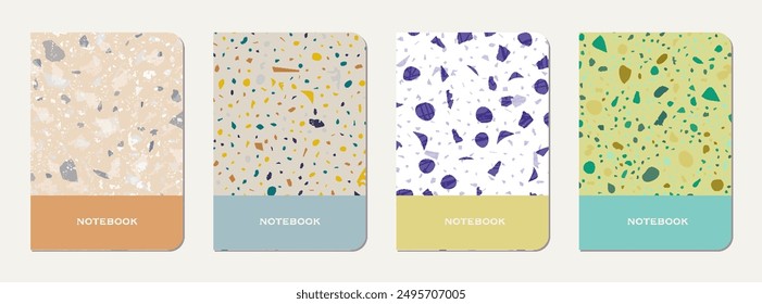 Note book cover design. Terrazzo abstract background made of natural stones, granite, quartz and marble. Venetian terrazzo texture note book template.