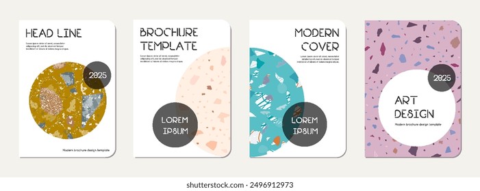 Note book cover design. Terrazzo abstract background made of natural stones, granite, quartz and marble. Venetian terrazzo texture note book template.
