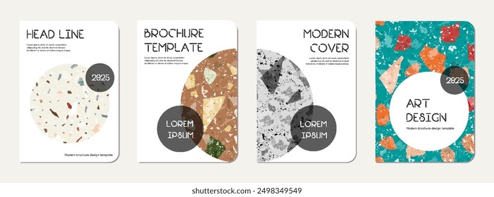 Note book cover design. Terrazzo abstract background made of natural stones, granite, quartz and marble. Venetian terrazzo texture note book template.
