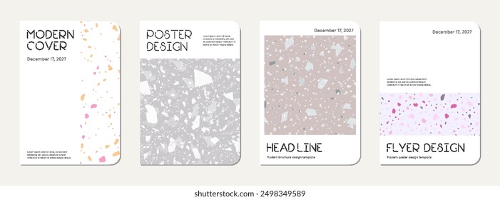 Note book cover design. Terrazzo abstract background made of natural stones, granite, quartz and marble. Venetian terrazzo texture note book template.