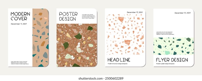 Note book cover design. Terrazzo abstract background made of natural stones, granite, quartz and marble. Venetian terrazzo texture note book template.