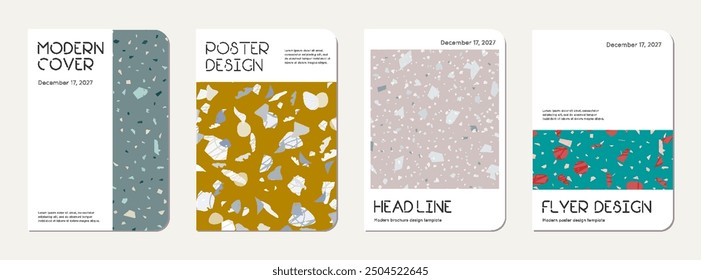 Note book cover design. Terrazzo abstract background made of natural stones, granite, quartz and marble. Venetian terrazzo texture note book template.