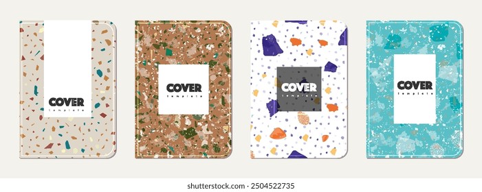 Note book cover design. Terrazzo abstract background made of natural stones, granite, quartz and marble. Venetian terrazzo texture note book template.