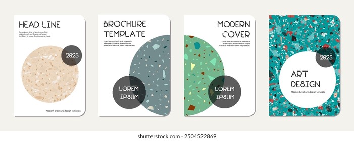 Note book cover design. Terrazzo abstract background made of natural stones, granite, quartz and marble. Venetian terrazzo texture note book template.