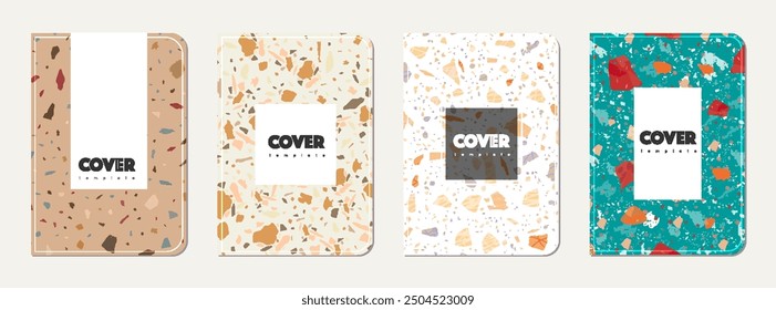 Note book cover design. Terrazzo abstract background made of natural stones, granite, quartz and marble. Venetian terrazzo texture note book template.