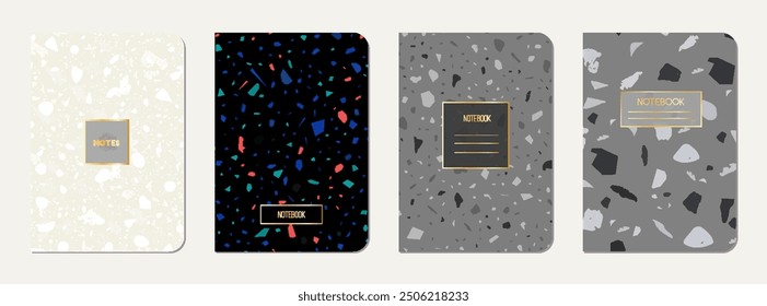 Note book cover design. Terrazzo abstract background made of natural stones, granite, quartz and marble. Venetian terrazzo texture note book template.