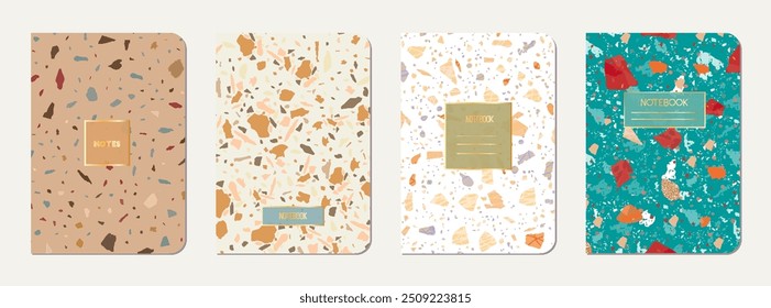 Note book cover design. Terrazzo abstract background made of natural stones, granite, quartz and marble. Venetian terrazzo texture note book template.