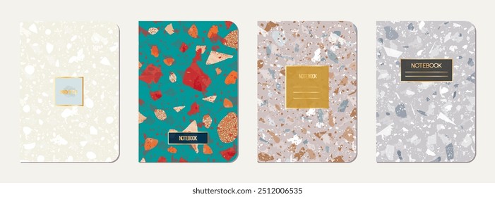 Note book cover design. Terrazzo abstract background made of natural stones, granite, quartz and marble. Venetian terrazzo texture note book template.