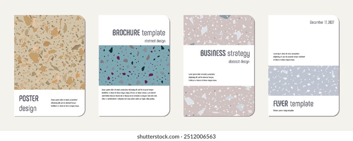 Note book cover design. Terrazzo abstract background made of natural stones, granite, quartz and marble. Venetian terrazzo texture note book template.