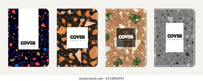 Note book cover design. Terrazzo abstract background made of natural stones, granite, quartz and marble. Venetian terrazzo texture note book template.