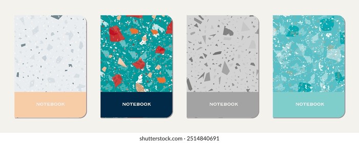 Note book cover design. Terrazzo abstract background made of natural stones, granite, quartz and marble. Venetian terrazzo texture note book template.