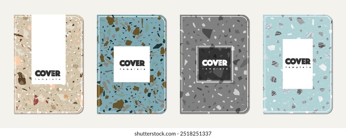 Diseño de portada de cuaderno. Fondo abstracto de terrazo hecho de piedras naturales, granito, cuarzo y mármol. Plantilla de libro de notas de textura de terrazo veneciano.