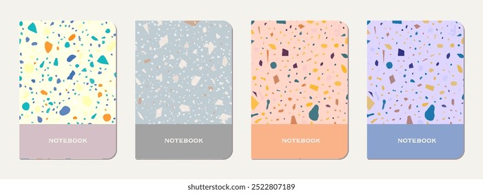 Note book cover design. Terrazzo abstract background made of natural stones, granite, quartz and marble. Venetian terrazzo texture note book template.