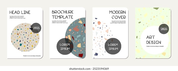 Note book cover design. Terrazzo abstract background made of natural stones, granite, quartz and marble. Venetian terrazzo texture note book template.