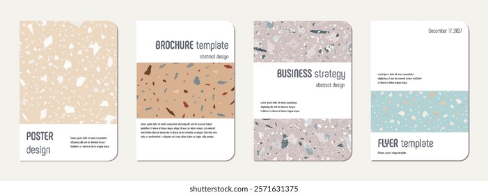 Note book cover design. Terrazzo abstract background made of natural stones, granite, quartz and marble. Venetian terrazzo texture note book template.