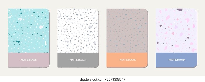 Note book cover design. Terrazzo abstract background made of natural stones, granite, quartz and marble. Venetian terrazzo texture note book template.