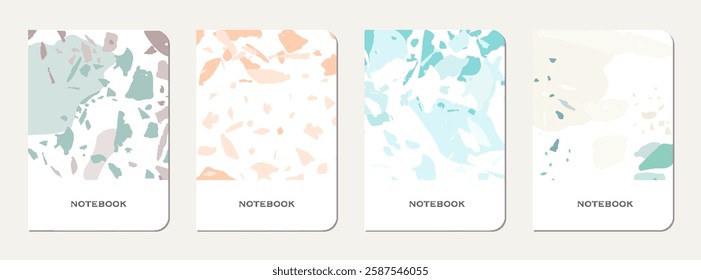 Note book cover design. Terrazzo abstract background made of natural stones, granite, quartz and marble. Venetian terrazzo texture note book template.