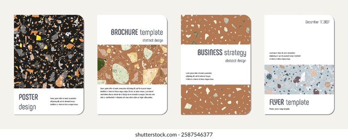 Note book cover design. Terrazzo abstract background made of natural stones, granite, quartz and marble. Venetian terrazzo texture note book template.