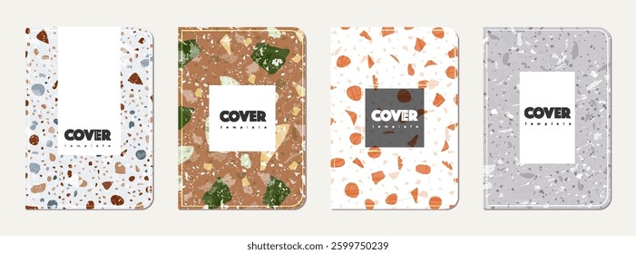 Note book cover design. Terrazzo abstract background made of natural stones, granite, quartz and marble. Venetian terrazzo texture note book template.