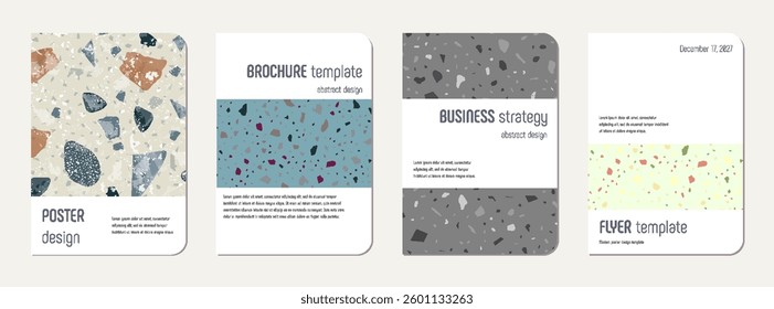 Note book cover design. Terrazzo abstract background made of natural stones, granite, quartz and marble. Venetian terrazzo texture note book template.