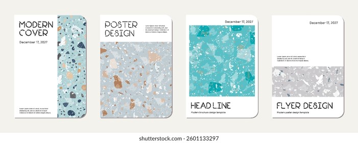 Note book cover design. Terrazzo abstract background made of natural stones, granite, quartz and marble. Venetian terrazzo texture note book template.