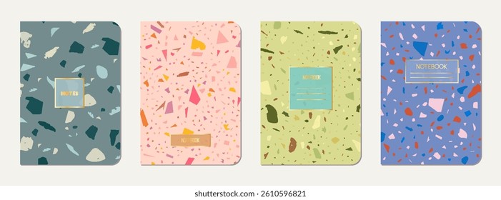 Note book cover design. Terrazzo abstract background made of natural stones, granite, quartz and marble. Venetian terrazzo texture note book template.