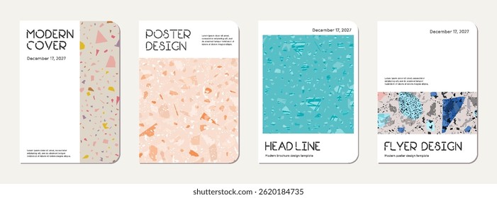 Note book cover design. Terrazzo abstract background made of natural stones, granite, quartz and marble. Venetian terrazzo texture note book template.