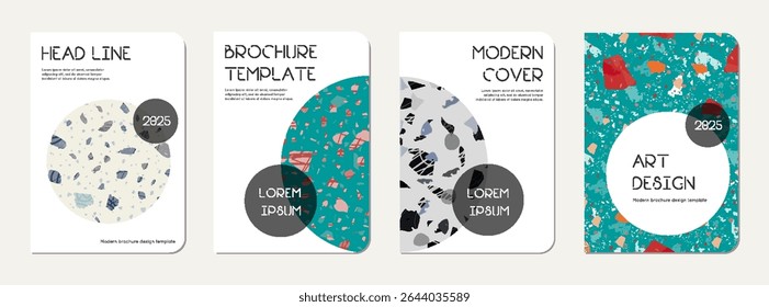 Note book cover design. Terrazzo abstract background made of natural stones, granite, quartz and marble. Venetian terrazzo texture note book template.