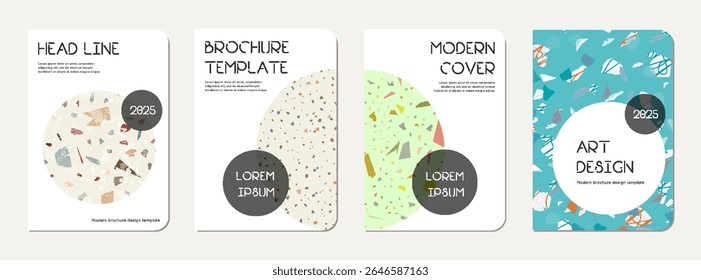 Note book cover design. Terrazzo abstract background made of natural stones, granite, quartz and marble. Venetian terrazzo texture note book template.