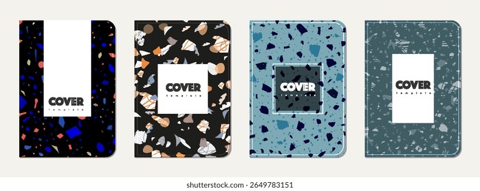 Note book cover design. Terrazzo abstract background made of natural stones, granite, quartz and marble. Venetian terrazzo texture note book template.