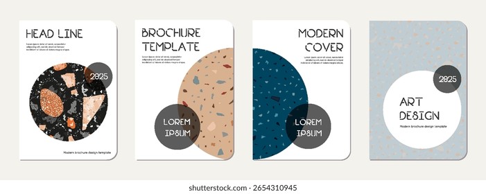 Note book cover design. Terrazzo abstract background made of natural stones, granite, quartz and marble. Venetian terrazzo texture note book template.