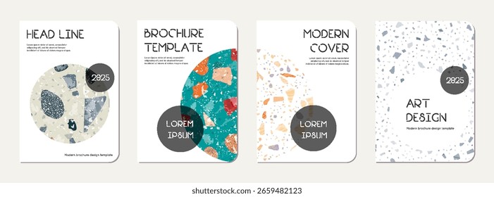 Design da capa do livro de notas. Fundo abstrato terrazzo feito de pedras naturais, granito, quartzo e mármore. Modelo de livro de notas de textura de terrazzo veneziano.