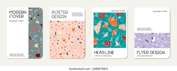 Notizbuchcover-Design. Abstrakter Terrazzo-Hintergrund aus Natursteinen, Granit, Quarz und Marmor. Venezianische Terrazzo Textur Notizbuch Vorlage.