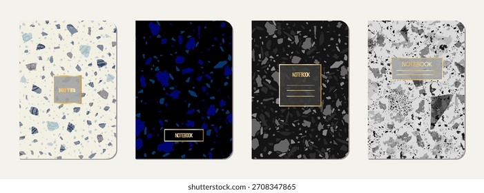 Notizbuchcover-Design. Abstrakter Terrazzo-Hintergrund aus Natursteinen, Granit, Quarz und Marmor. Venezianische Terrazzo Textur Notizbuch Vorlage.