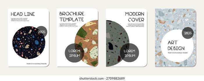 Notizbuchcover-Design. Abstrakter Terrazzo-Hintergrund aus Natursteinen, Granit, Quarz und Marmor. Venezianische Terrazzo Textur Notizbuch Vorlage.