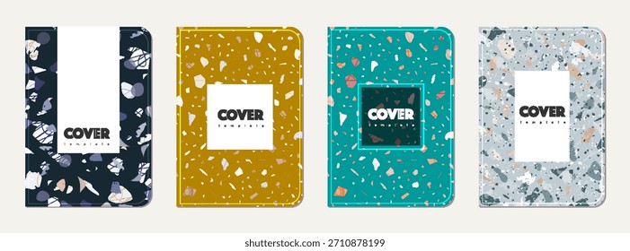 Notizbuchcover-Design. Abstrakter Terrazzo-Hintergrund aus Natursteinen, Granit, Quarz und Marmor. Venezianische Terrazzo Textur Notizbuch Vorlage.