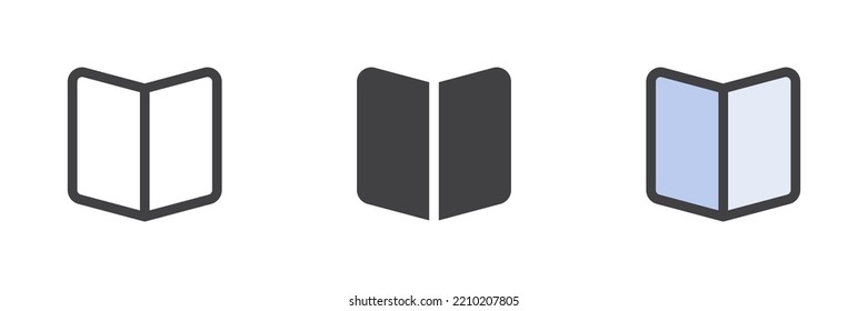 Juego de iconos de estilos diferentes para la libreta de notas. Línea, glifo y contorno relleno versión colorida, contorno y signo vectorial relleno. Símbolo, ilustración del logotipo. Gráficos vectoriales