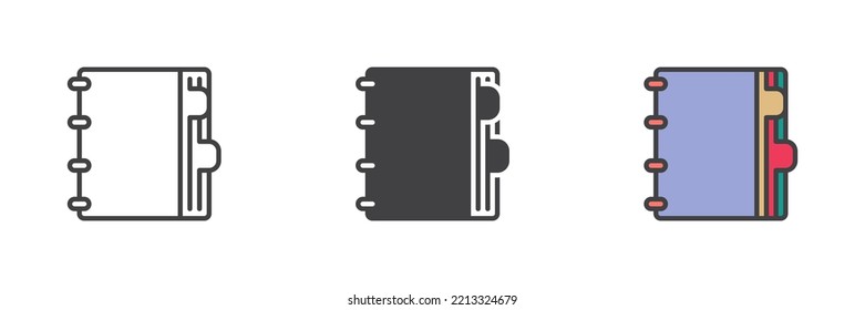 Notiz Book different style icon set. Linie, Glyphe und gefüllte Umrissversion, Tagebuch Umriss und ausgefülltes Vektorzeichen. Symbol, Logo-Abbildung. Vektorgrafik