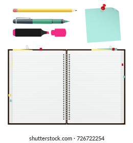 Note book with Empty Pages, Pencil Pen Higlighter Marker and Adhesive Note . Vector File with copy space