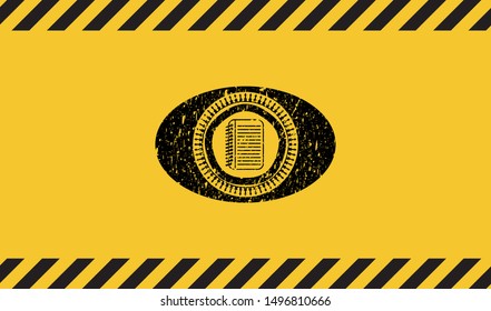 note book icon black grunge emblem with yellow background. Vector Illustration. Detailed.