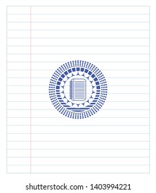 note book icon emblem drawn with pen. Blue ink. Vector Illustration. Detailed.